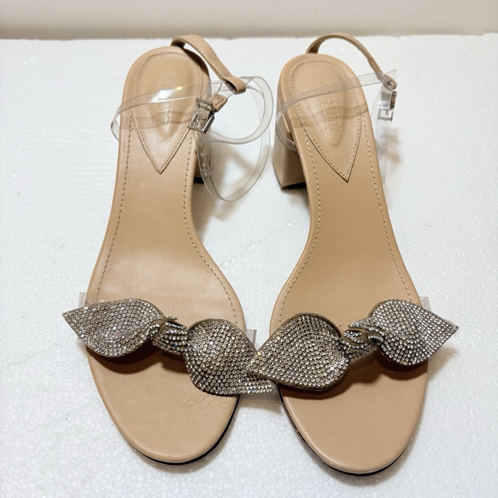 Schutz Rhinestone Bow Sandals Womens US 10B Nude Clear Block Heel Dress Shoes
